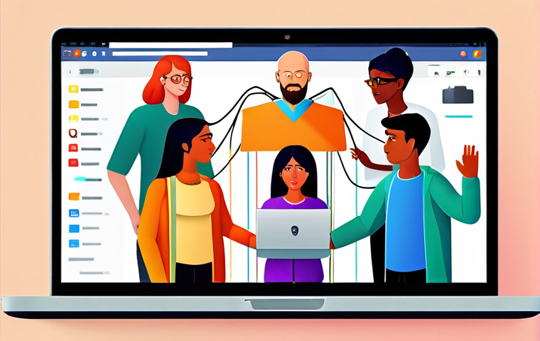 **A vibrant, stylized illustration depicting a diverse group of people connected by threads leading to a central laptop displaying a blog interface. The scene should convey connection, community, and the flow of information. Use bright, inviting colors.**