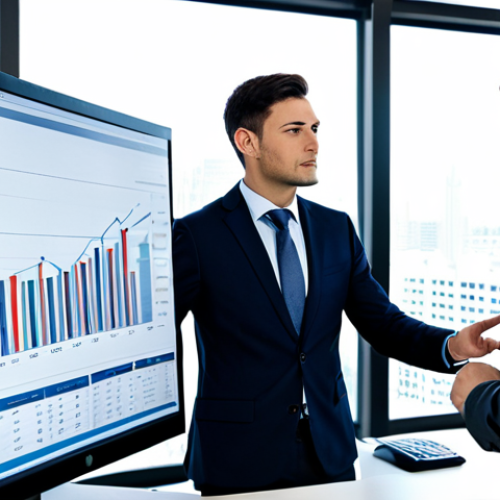 Home 6 A professional male accountant in a modest business suit, standing next to a professional female digital entrepreneur in appropriate business attire, both fully clothed. They are looking at a computer monitor displaying a clear financial chart with data visualizations. The accountant is pointing to a specific part of the chart, explaining complex information with a calm, reassuring expression. The entrepreneur is listening attentively, with a look of understanding. The setting is a bright, modern office with a large window and a clean, organized desk. The scene conveys clarity and professional guidance. High-resolution, sharp focus, perfect anatomy, correct proportions, natural pose, well-formed hands, proper finger count, natural body proportions, professional photography, safe for work, appropriate content, fully clothed, professional, family-friendly.