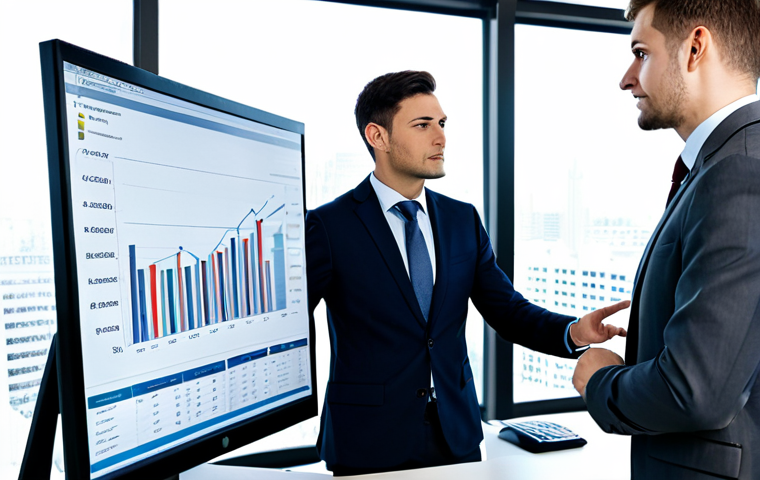 A professional male accountant in a modest business suit, standing next to a professional female digital entrepreneur in appropriate business attire, both fully clothed. They are looking at a computer monitor displaying a clear financial chart with data visualizations. The accountant is pointing to a specific part of the chart, explaining complex information with a calm, reassuring expression. The entrepreneur is listening attentively, with a look of understanding. The setting is a bright, modern office with a large window and a clean, organized desk. The scene conveys clarity and professional guidance. High-resolution, sharp focus, perfect anatomy, correct proportions, natural pose, well-formed hands, proper finger count, natural body proportions, professional photography, safe for work, appropriate content, fully clothed, professional, family-friendly.
