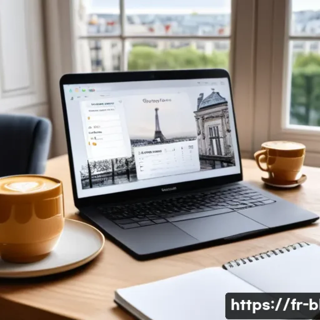 블로그 마케팅에서 키워드 리서치 하는 법 - A modern French blogger’s cozy home office scene, featuring a sleek laptop open to SEO and keyword r...