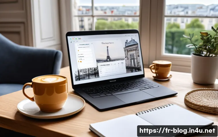 블로그 마케팅에서 키워드 리서치 하는 법 - A modern French blogger&rsquo;s cozy home office scene, featuring a sleek laptop open to SEO and keyword r...