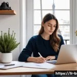 Home 22 블로그 마케팅 전문가로 성장하는 방법 - A modern, cozy French home office setup with a young French woman in her late twenties sitting at a ...
