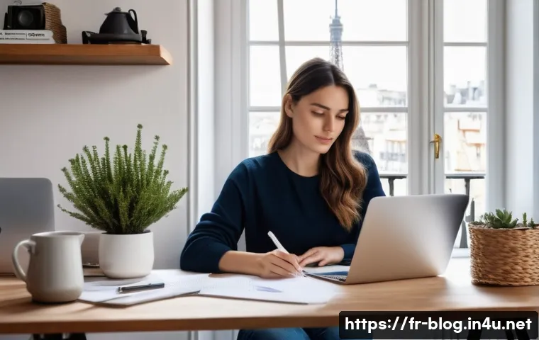 블로그 마케팅 전문가로 성장하는 방법 - A modern, cozy French home office setup with a young French woman in her late twenties sitting at a ...
