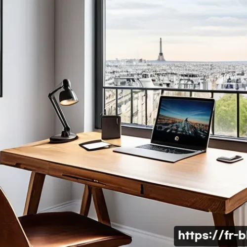 Home 33 블로그 마케터 실무 강좌 추천 - A modern home office setup designed for a French digital marketing blogger: sleek wooden desk with a...