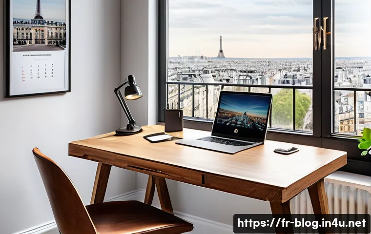 블로그 마케터 실무 강좌 추천 - A modern home office setup designed for a French digital marketing blogger: sleek wooden desk with a...