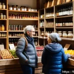Home 23 블로그 마케팅 광고 집행 사례 - A cozy, sunlit organic grocery store interior in Lyon, France, featuring wooden shelves filled with ...