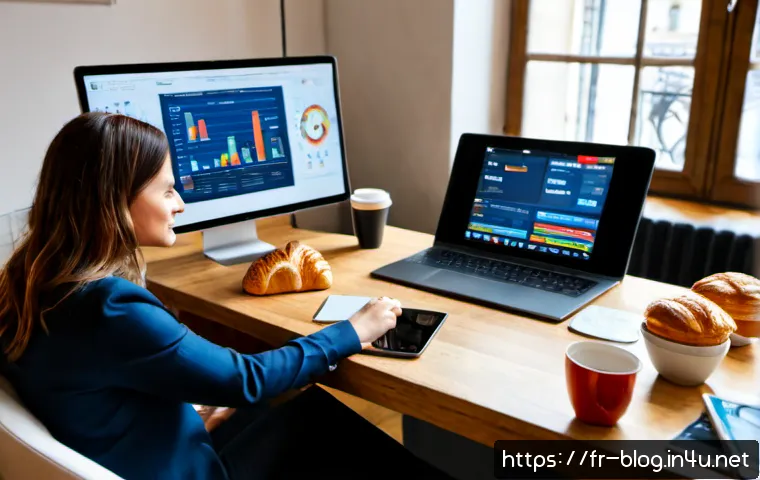 블로그 마케팅 트렌드 변화 분석 - Photorealistic Parisian marketing studio, diverse French digital marketing team analyzing evolving b...