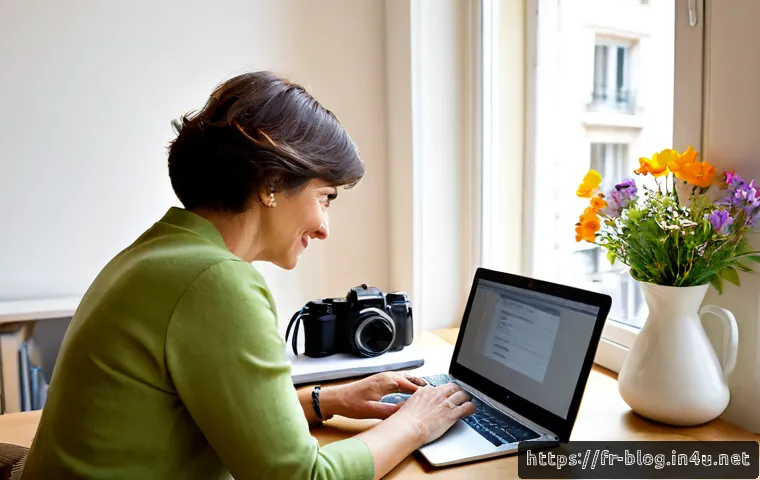 블로그 마케팅에서 구독자 확보 전략 - Photorealistic French lifestyle scene of a friendly middle-aged blogger in a bright Paris apartment ...